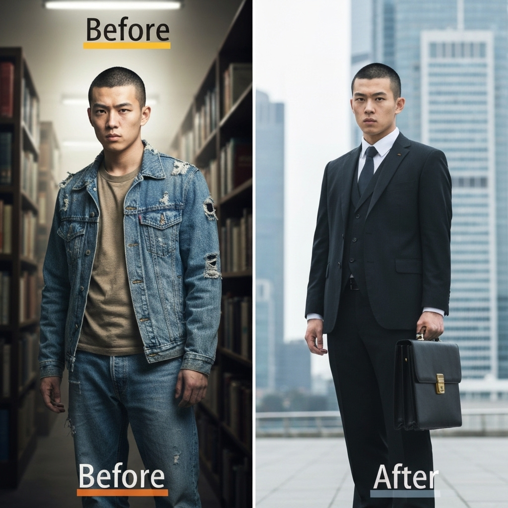 Before and after: Character consistency example showing same person in different outfits