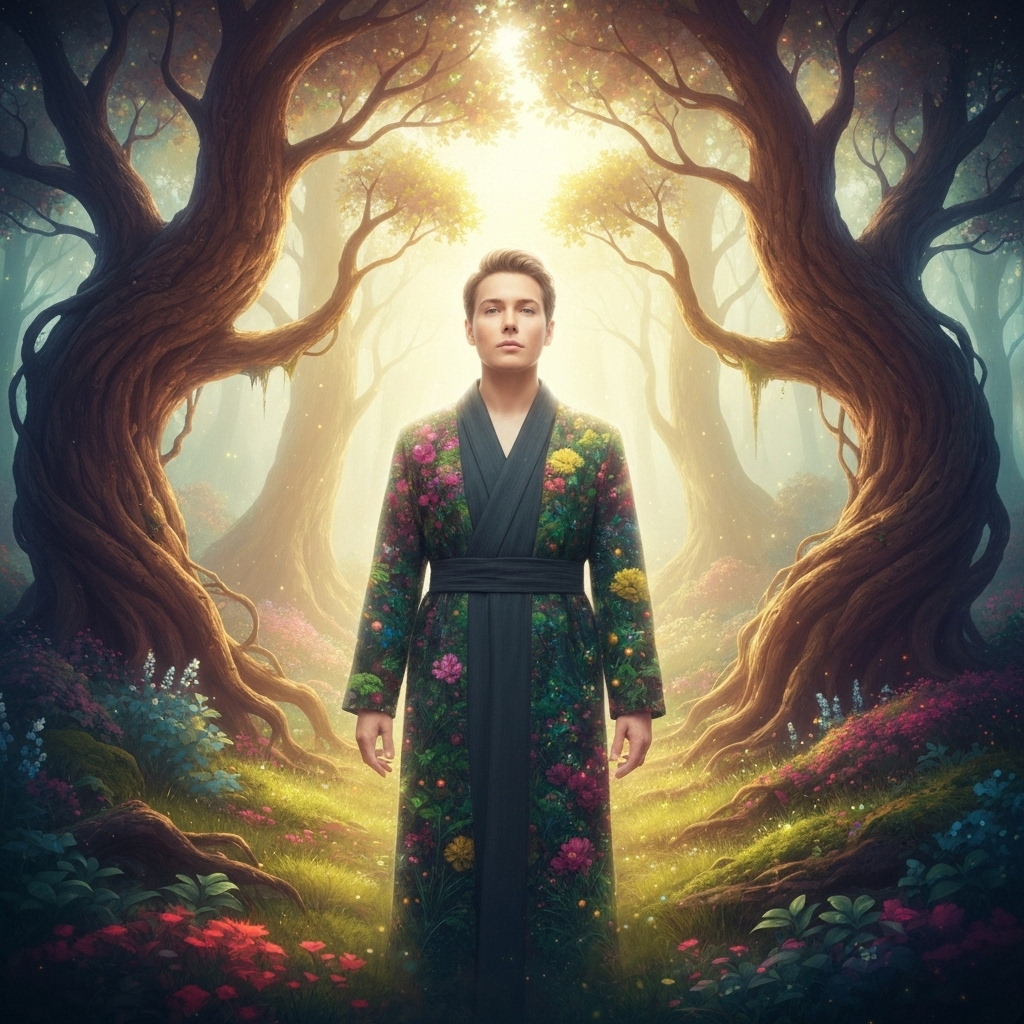 Final edited image showing person in magical forest background